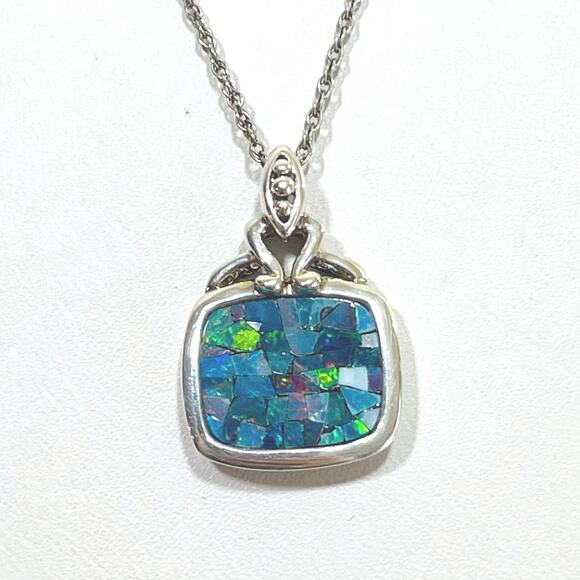 Jewelry - Vtg Sterling Silver & Blue Fire Mosaic Opal Pendant Necklace Chain Charm Vintage